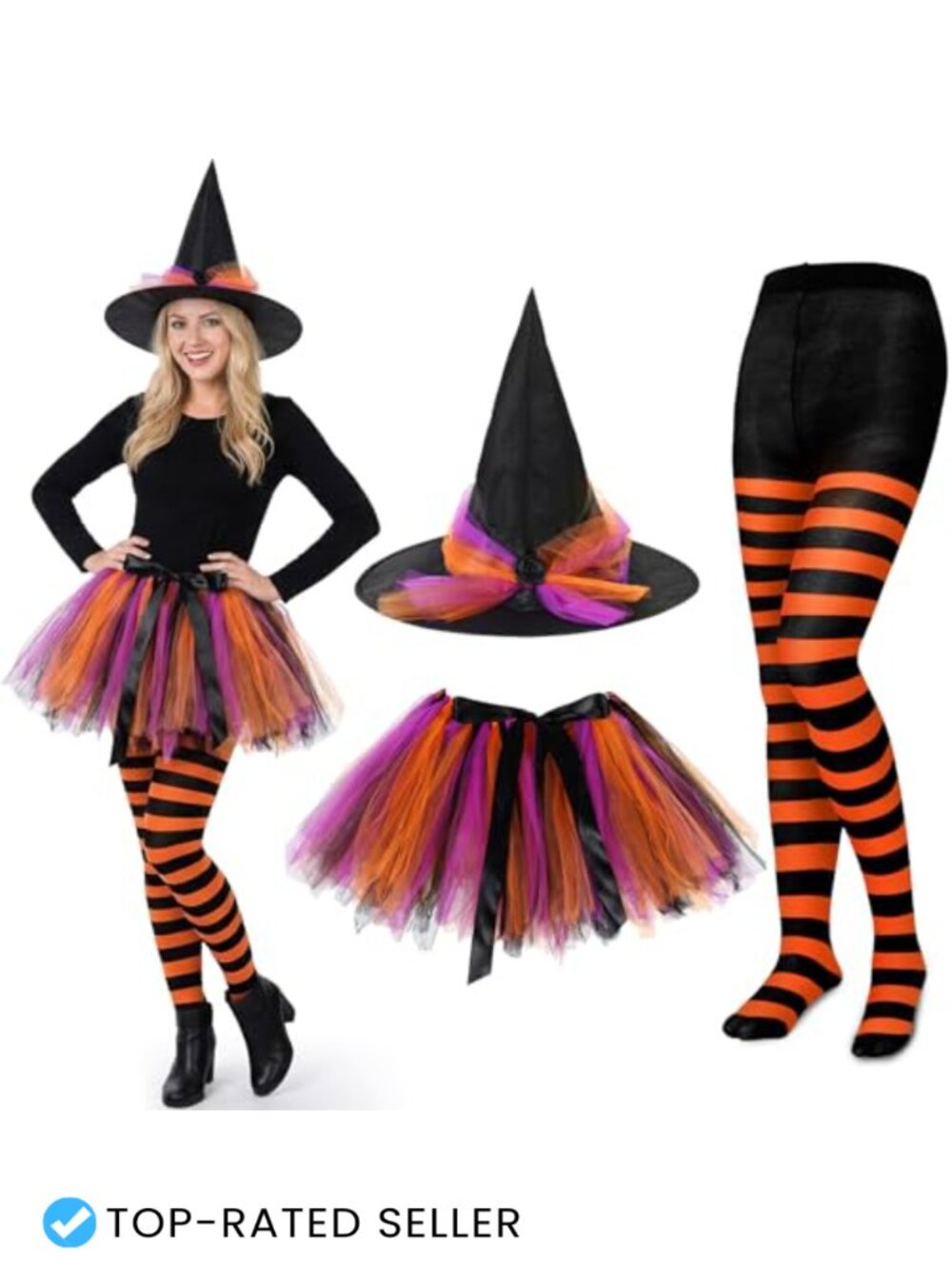 Halloween Witch Costume Set with Tutu Skirt Hat Striped Tights